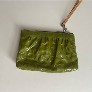 Coach Embossed Patent Leather Olive Green Wristlet Zip Top with hangtag